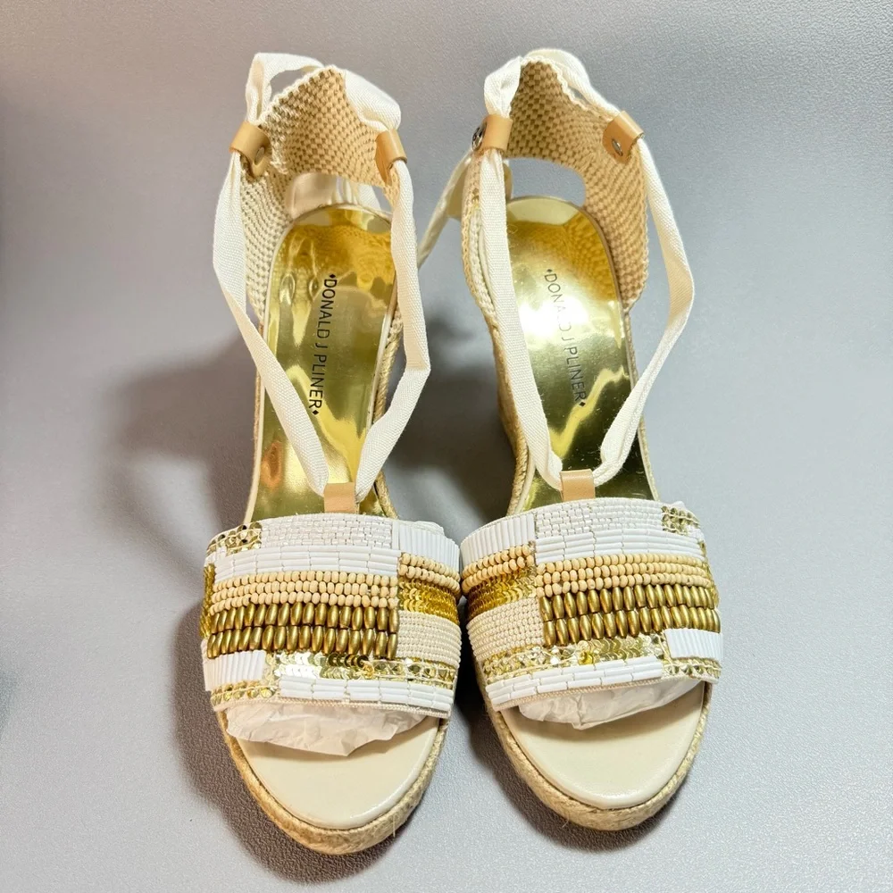 Donald J. Pliner New Elsa Cream and Gold Beaded Wedge Espadrille Sandles